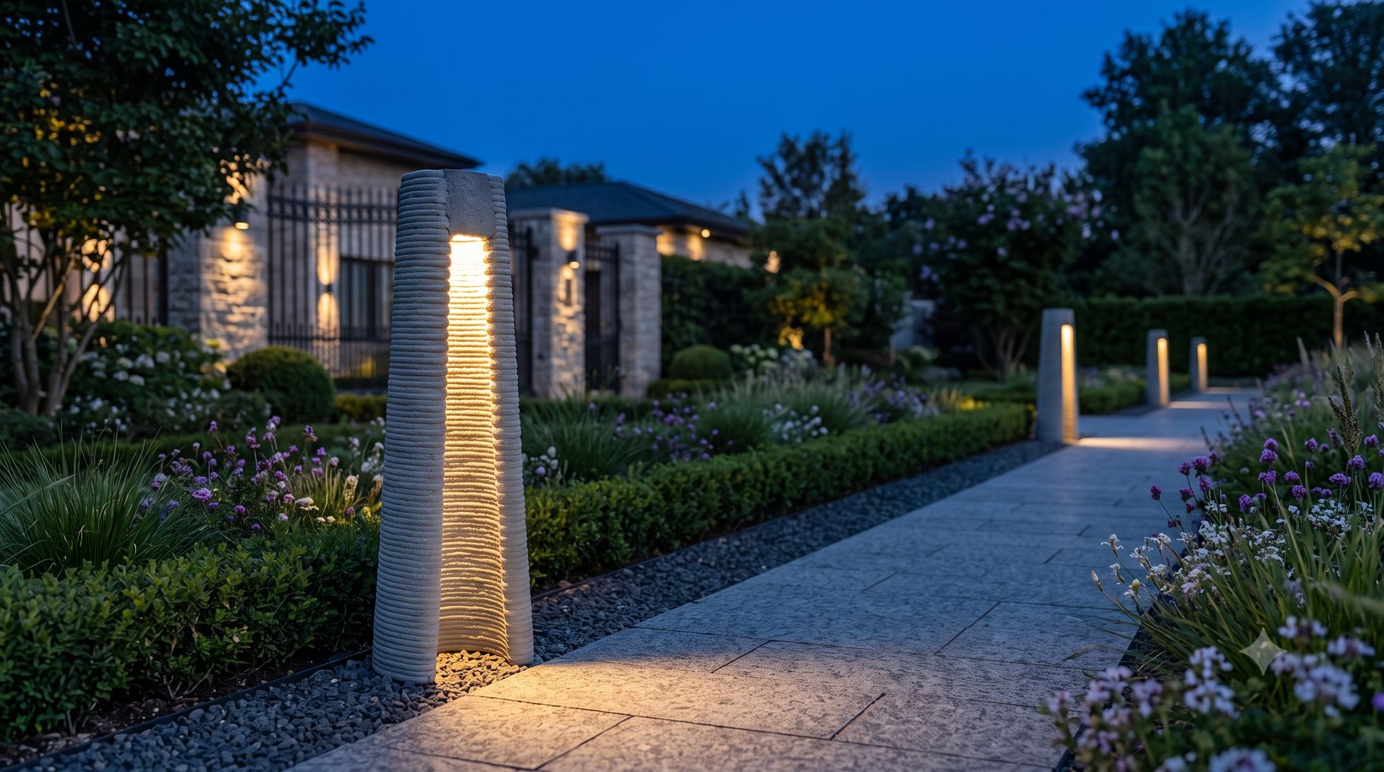 Seam Bollard, 3D printed concrete outdoor lamp lighting a path at dusk