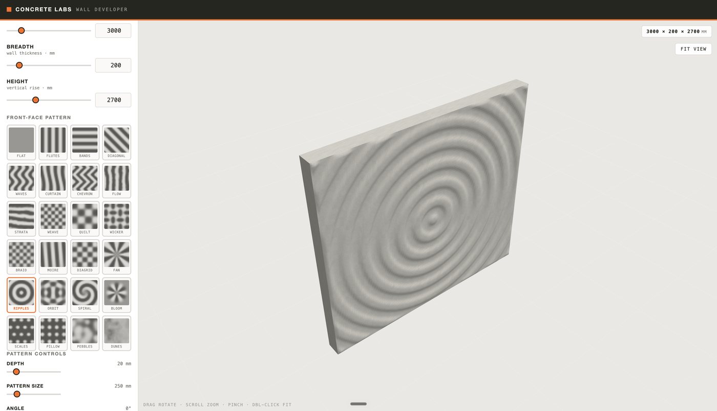 Wall Developer, the 3D concrete wall pattern design tool by Concrete Labs, showing the Ripples relief pattern